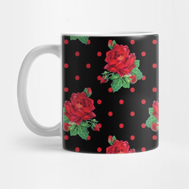 Red vintage roses red polka dots on black by bettyretro